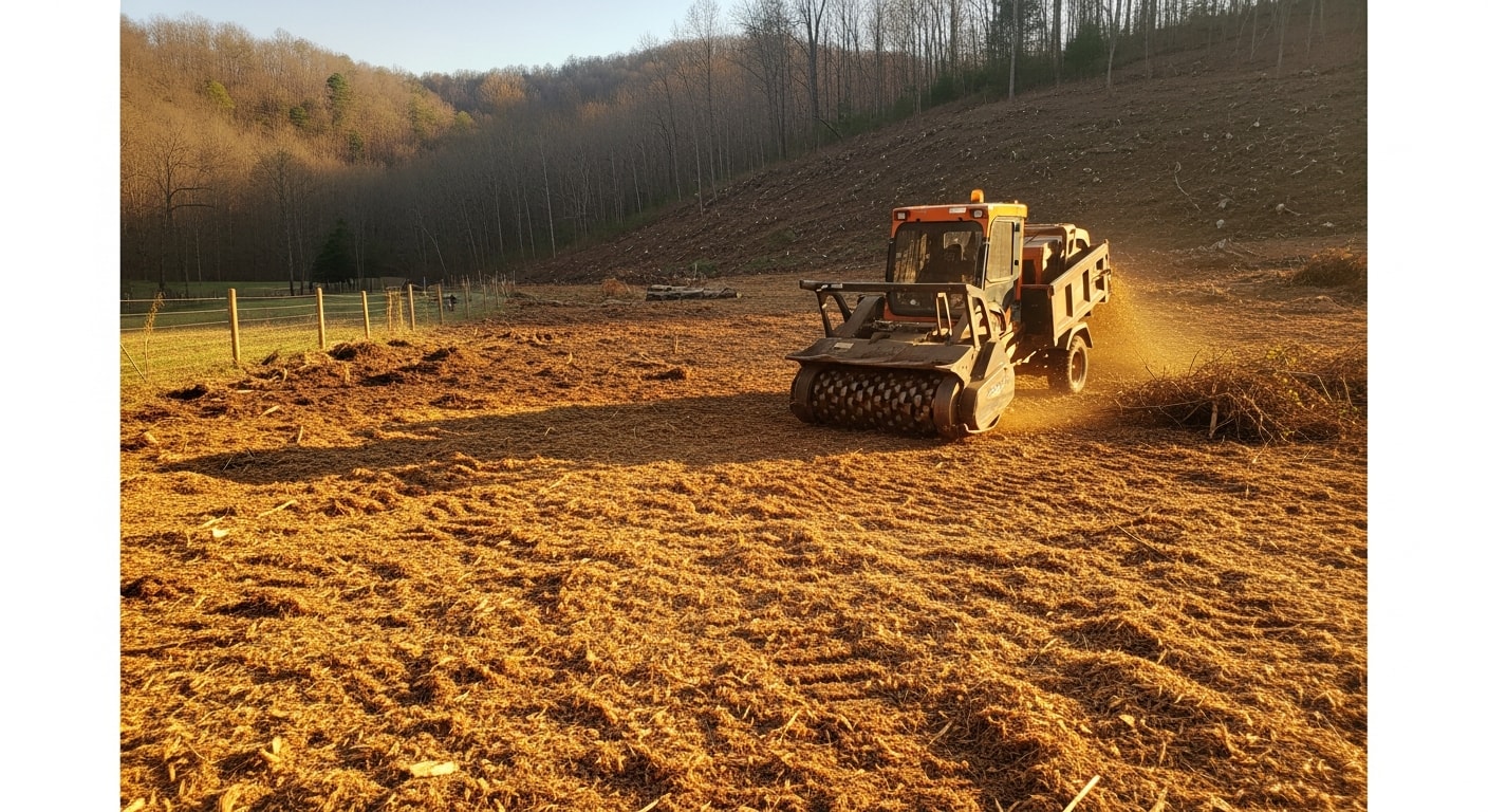 A Lewisburg property after forestry mulching service, showing cleared ground with a layer of wood chip mulch where dense brush and saplings previously stood. A tree line remains at the property edge with open, accessible land in the foreground.