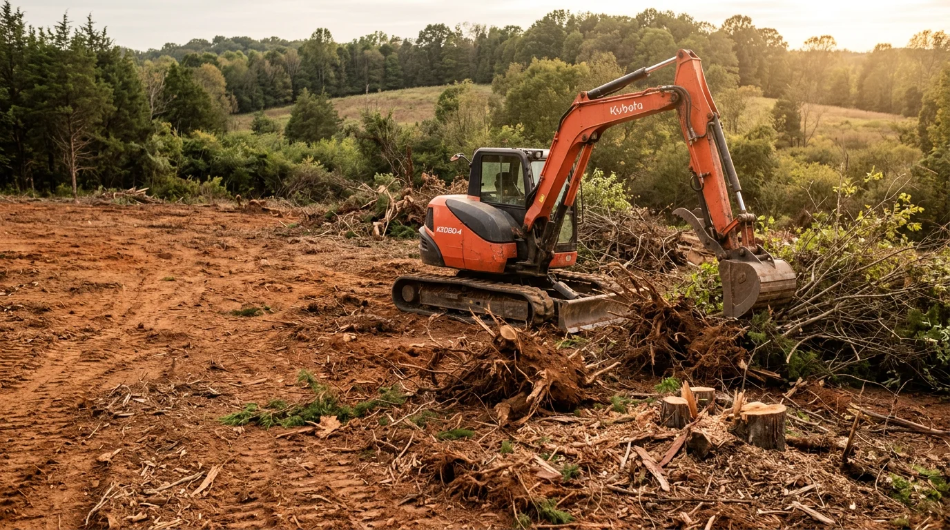 An overgrown rural property in Lewisburg, Tennessee being cleared by excavating equipment, with dense brush and saplings removed to reveal open, usable land. The cleared area shows exposed soil and a clean property boundary against the remaining treeline.