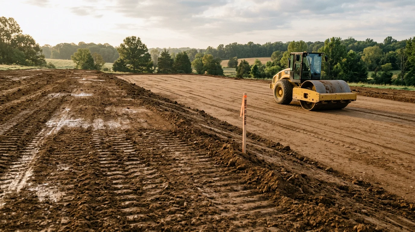 A freshly graded and compacted building pad on a rural property in Lewisburg, Tennessee, with level ground prepared and ready for concrete work. The surrounding terrain shows Marshall County's rolling landscape with cleared soil edges and proper drainage slope visible.