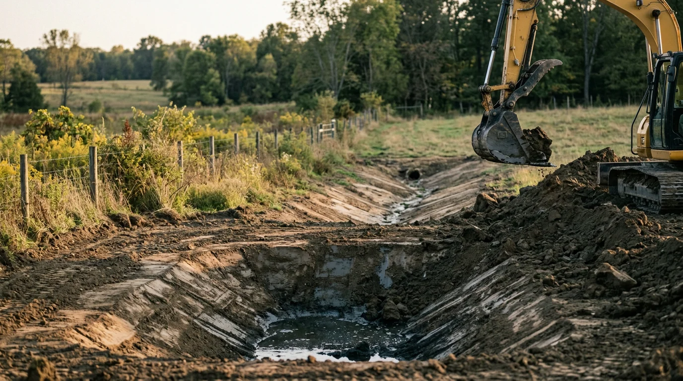 Freshly excavated residential pond with a compacted earthen dam and graded spillway on a rural Lewisburg, Tennessee property. Heavy excavation equipment is visible along the clay bank with cleared land and tree line in the background.