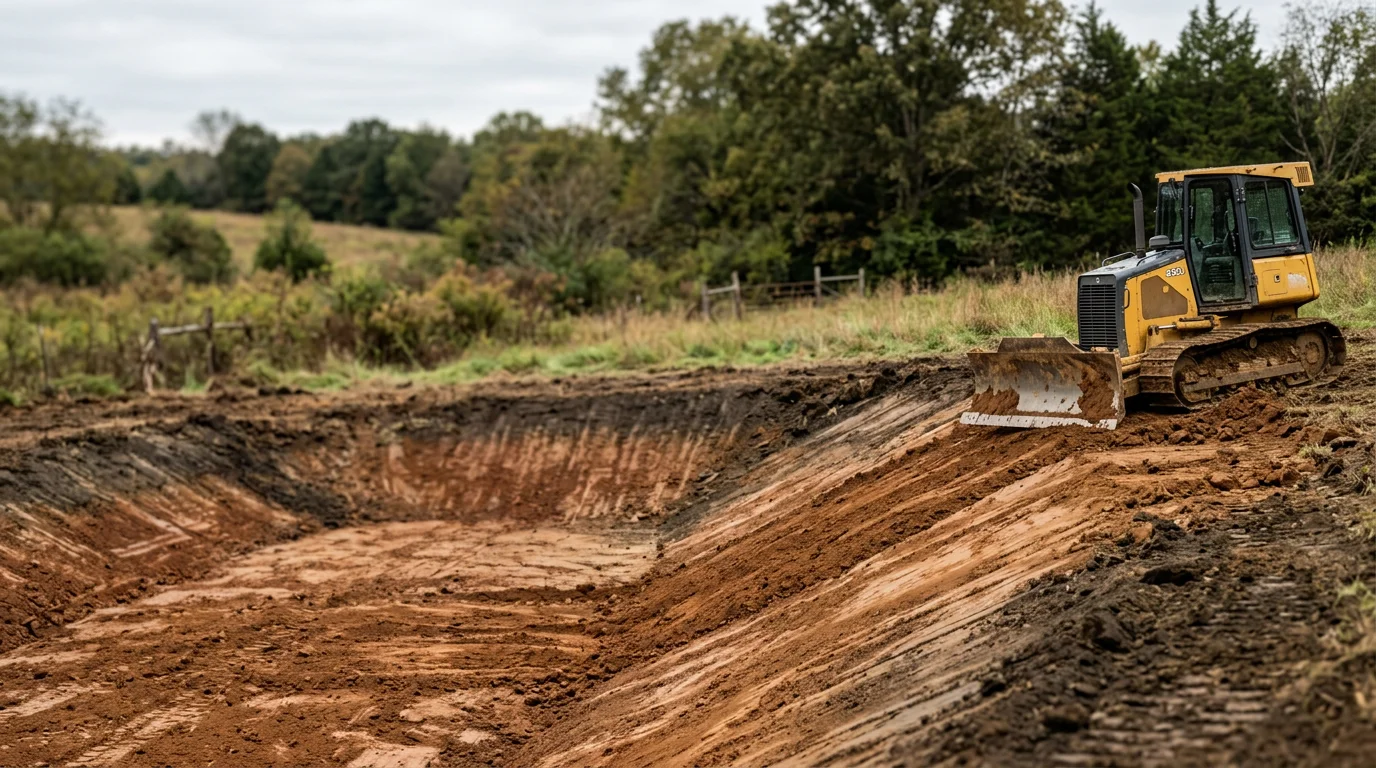 A freshly excavated stock pond basin on a rural Middle Tennessee property near Lewisburg, with graded earthen slopes and a dozer visible on the bank. The surrounding land is cleared and graded, ready for water to fill the pond.