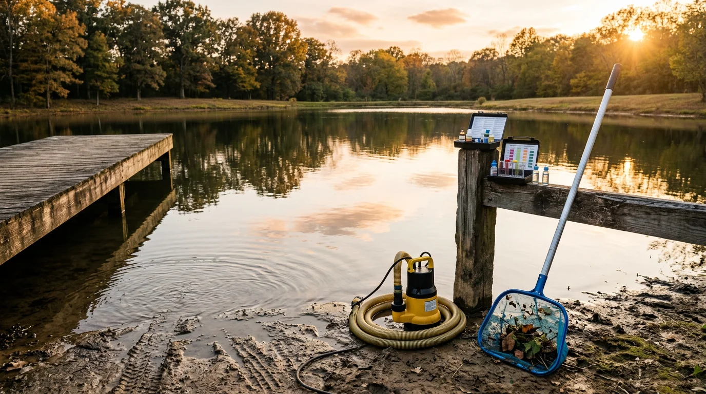 A clear, well-maintained ornamental pond on a Middle Tennessee residential property, with clean water, trimmed aquatic plants, and visible fish near the surface. A Rockin V Excavating crew member checks the aeration equipment at the pond edge near Lewisburg.