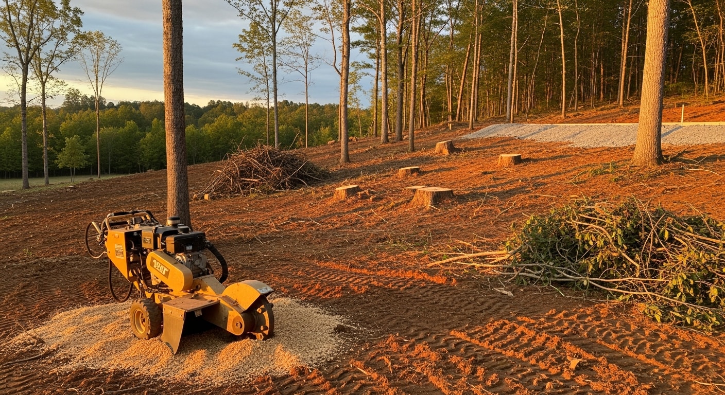 A freshly cleared residential lot in Lewisburg with stumps removed, brush hauled away, and rough-graded soil ready for construction. An excavator sits at the edge of the cleared site on sloped terrain typical of the Lewisburg area.