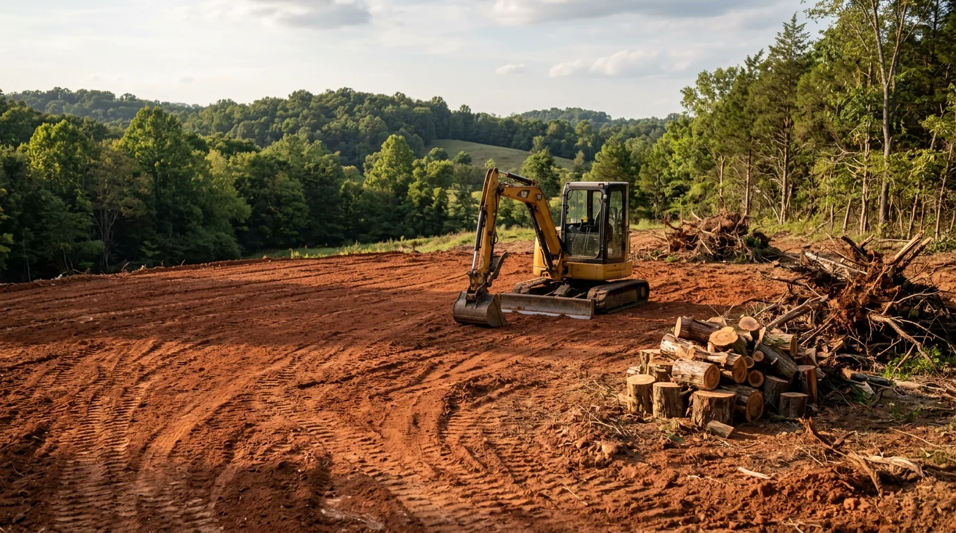 A freshly cleared building lot in Lewisburg, Tennessee with trees, stumps, and brush removed, leaving bare ground ready for construction. An excavator from Rockin V Excavating sits at the edge of the cleared site.