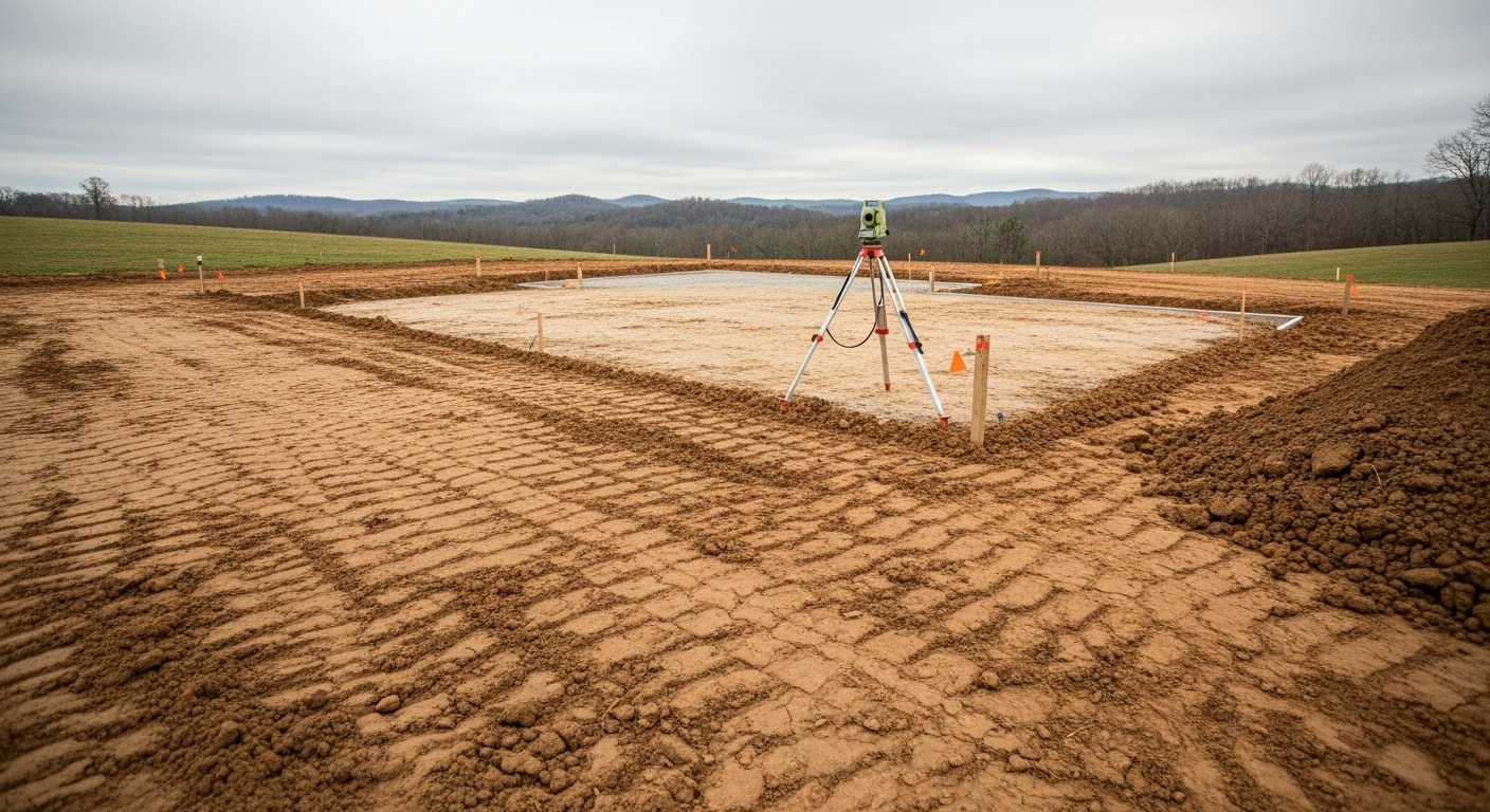 A freshly graded residential lot in Lewisburg, TN showing smooth, compacted soil shaped with a consistent slope away from a new foundation pad. Heavy equipment tracks are visible across the leveled surface with Middle Tennessee terrain in the background.