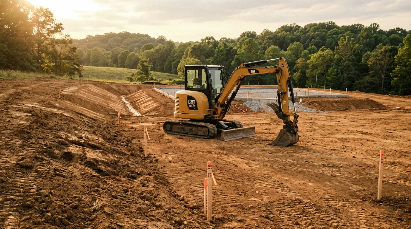 Excavator shaping and leveling a residential lot in Lewisburg, Tennessee during site grading work. Freshly graded soil slopes away from the building area with Middle Tennessee rolling terrain visible in the background.