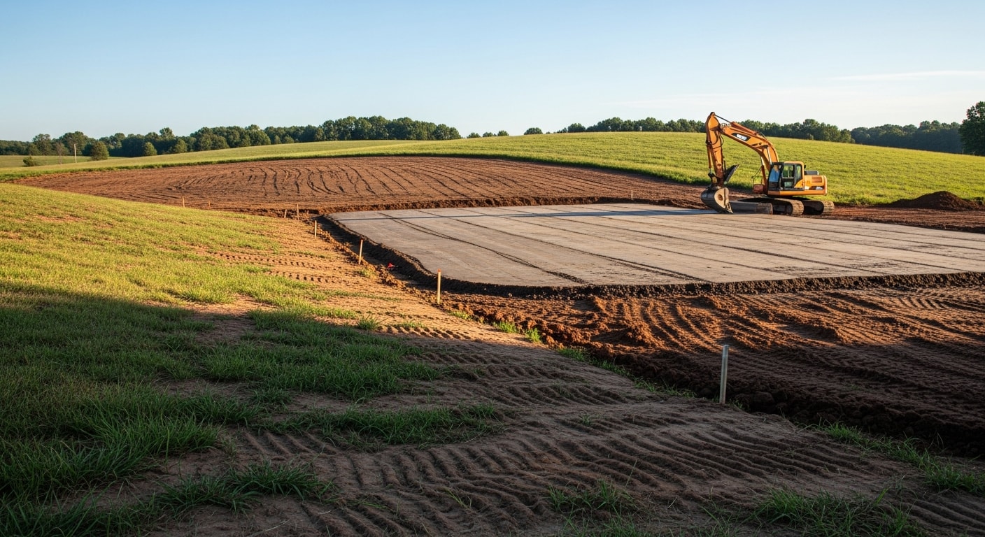 A cleared and graded building site in Lewisburg, TN with compacted earth and defined slope lines ready for foundation work. An excavator is visible in the background on a hilly, partially wooded lot.