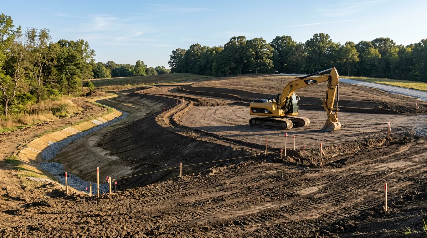 Excavator working a cleared and graded building site in Lewisburg, Tennessee, with compacted soil and rough drainage shaping visible across the prepared ground. The site is ready for foundation work with no debris or vegetation remaining.