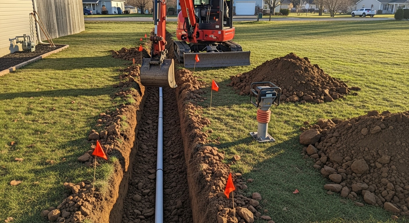 A clean, straight utility trench dug through rocky residential soil on a Lewisburg property, with exposed pipe bedding visible at the base. An excavator sits alongside the open trench prior to backfill.