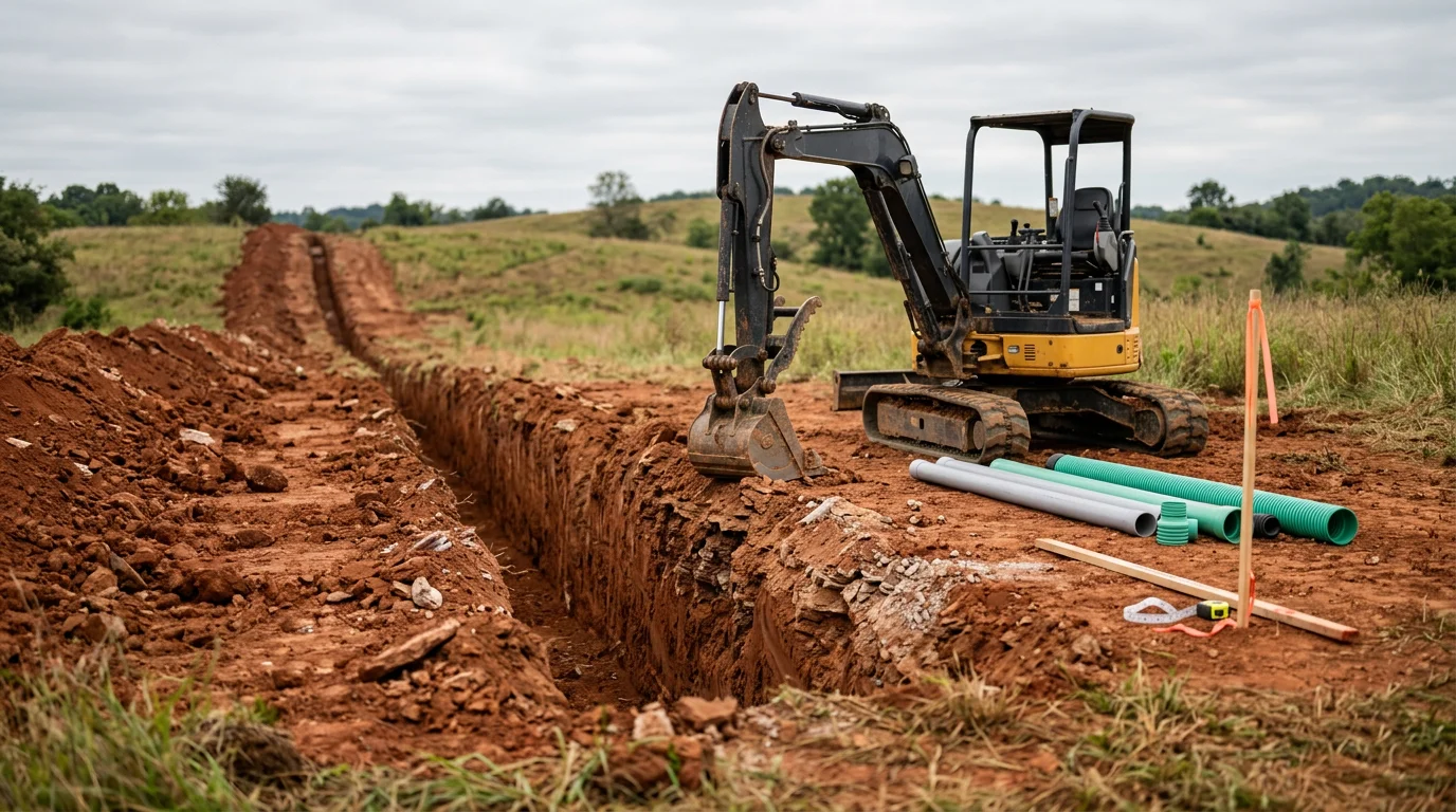 A clean utility trench cut through clay-rich soil on a residential property in Lewisburg, Tennessee, showing straight trench walls and prepared ground ready for underground line installation. Rockin V Excavating equipment visible in the background on a Middle Tennessee job site.