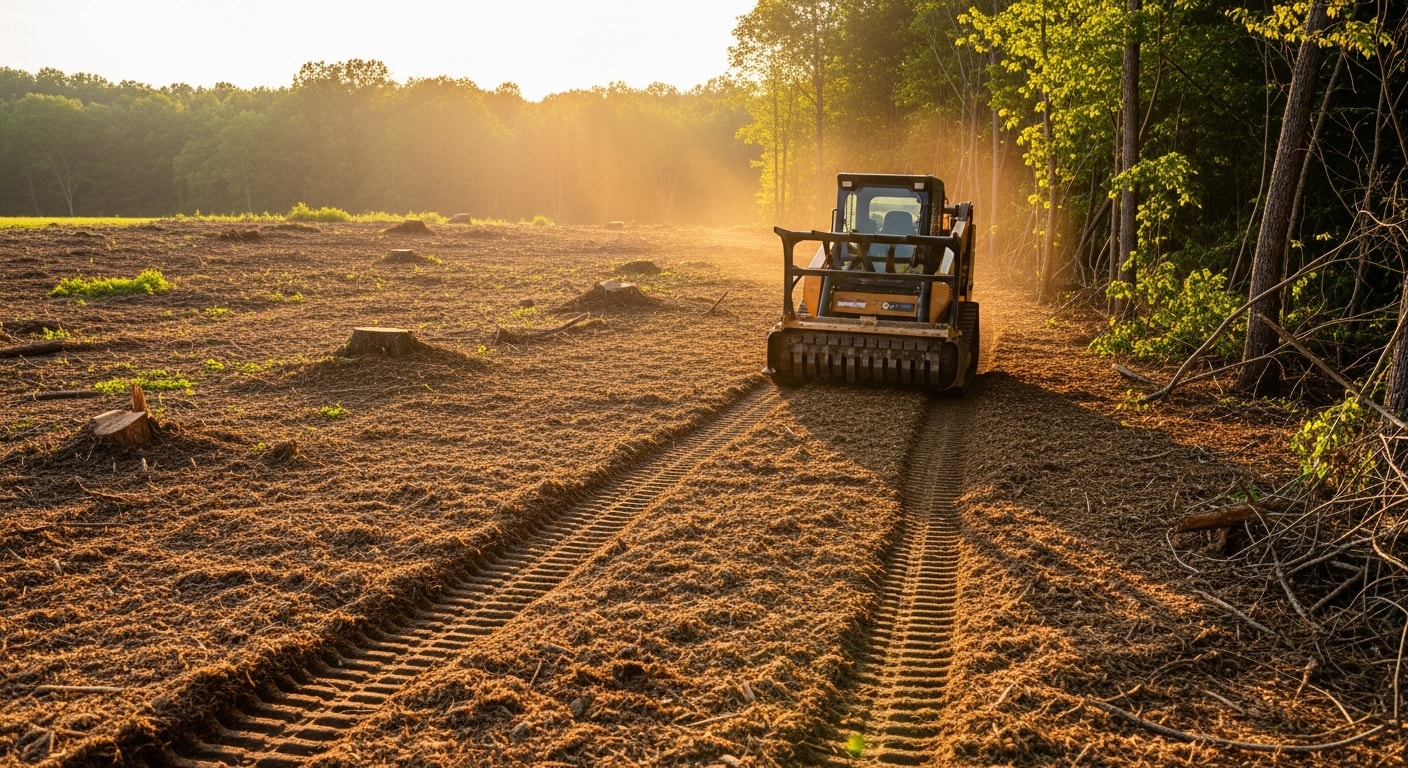 A tracked forestry mulcher clearing dense brush and overgrown trees on a rural Lewisburg property, leaving a flat layer of wood mulch across the cleared ground. The surrounding tree line and rolling terrain typical of the Lewisburg area are visible in the background.