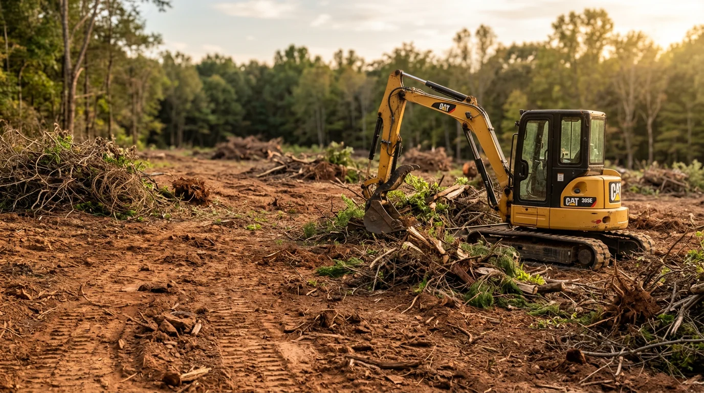 A Middle Tennessee property near Lewisburg after vegetation removal, showing cleared brush and open ground with surrounding tree lines intact. Heavy overgrowth and invasive scrub have been removed, leaving the site accessible and ready for the next phase of work.