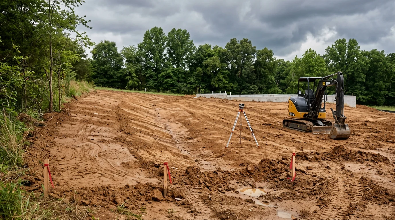 A graded residential property in Lewisburg, Tennessee showing clean surface drainage channels directing water away from a home's foundation after excavation work. Surrounding soil is compacted and level, with no standing water visible after a recent rain event.